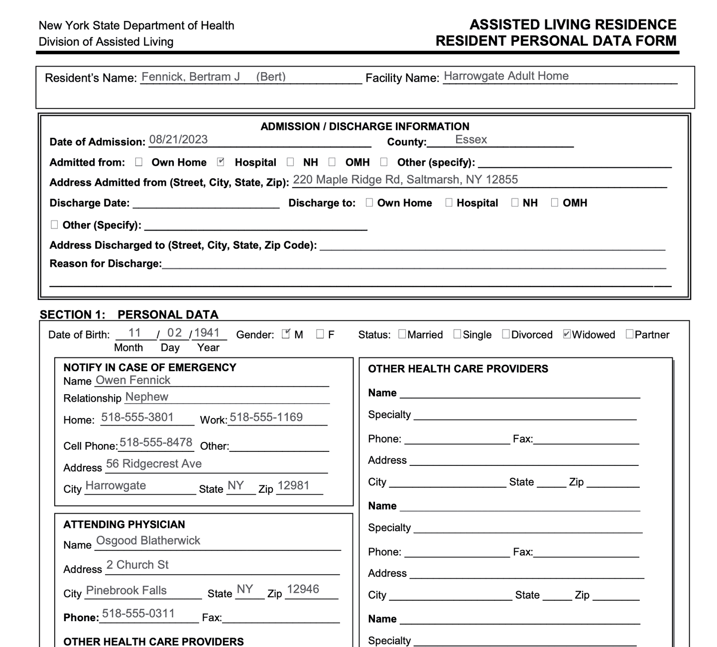 Official DOH-4397A personal data form filled from the resident record