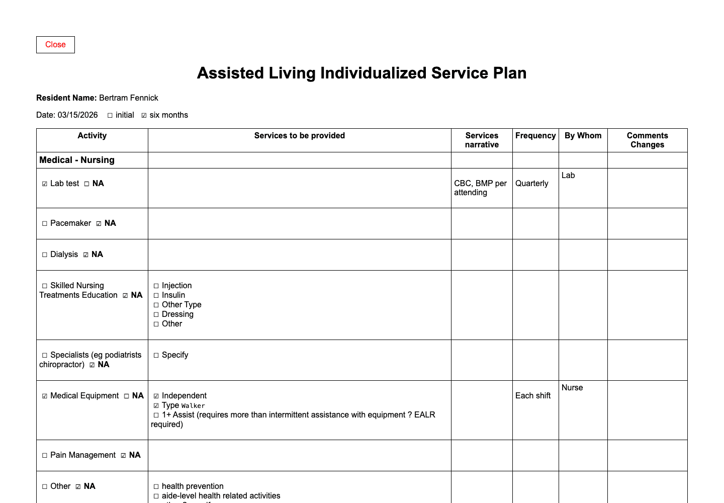 Printed individualized service plan