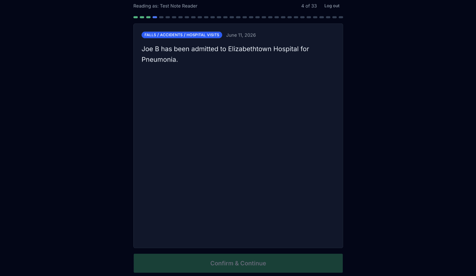 Wall tablet kiosk showing a shift note a caregiver must read before starting